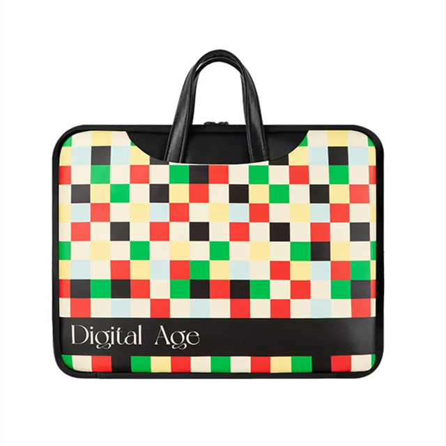 Custom Logo Design PU Leather Laptop Bag Retro Colorful Grid Laptop Briefcase